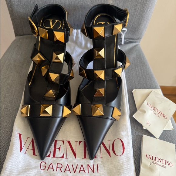 Valentino Garavani Black Heels with Gold Roman Studs